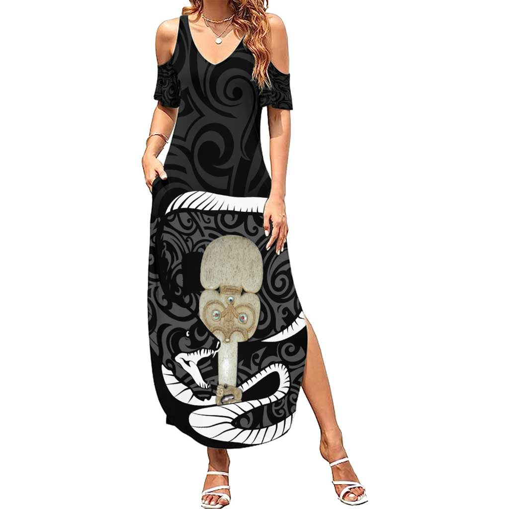 Black New Zealand Eel Family Matching Summer Maxi Dress and Hawaiian Shirt Aotearoa Maori Tuna With Kotiate Weapon
