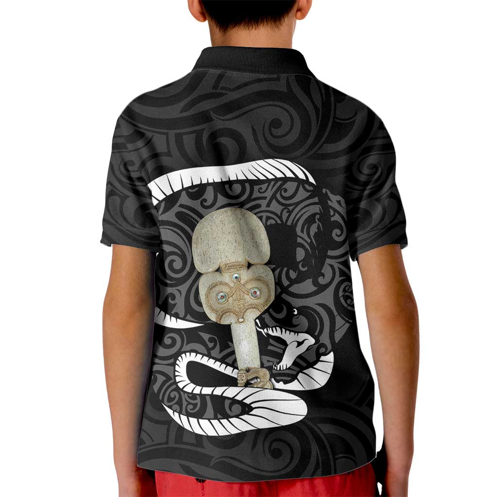Black New Zealand Eel Kid Polo Shirt Aotearoa Maori Tuna With Kotiate Weapon