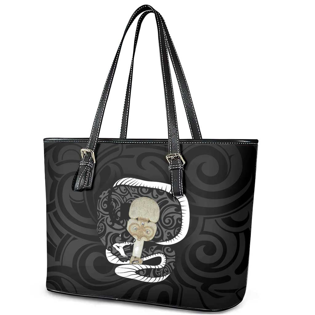 Black New Zealand Eel Leather Tote Bag Aotearoa Maori Tuna With Kotiate Weapon LT14 - Polynesian Pride