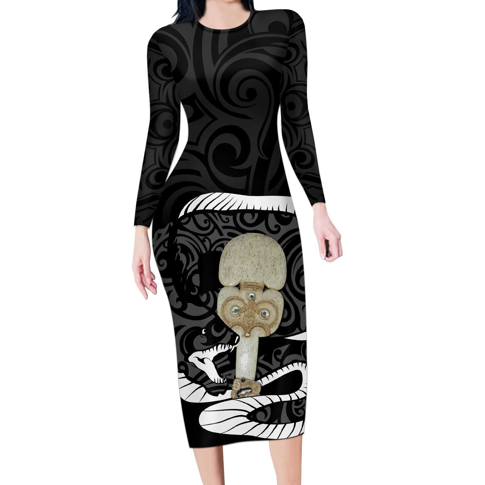 Black New Zealand Eel Long Sleeve Bodycon Dress Aotearoa Maori Tuna With Kotiate Weapon