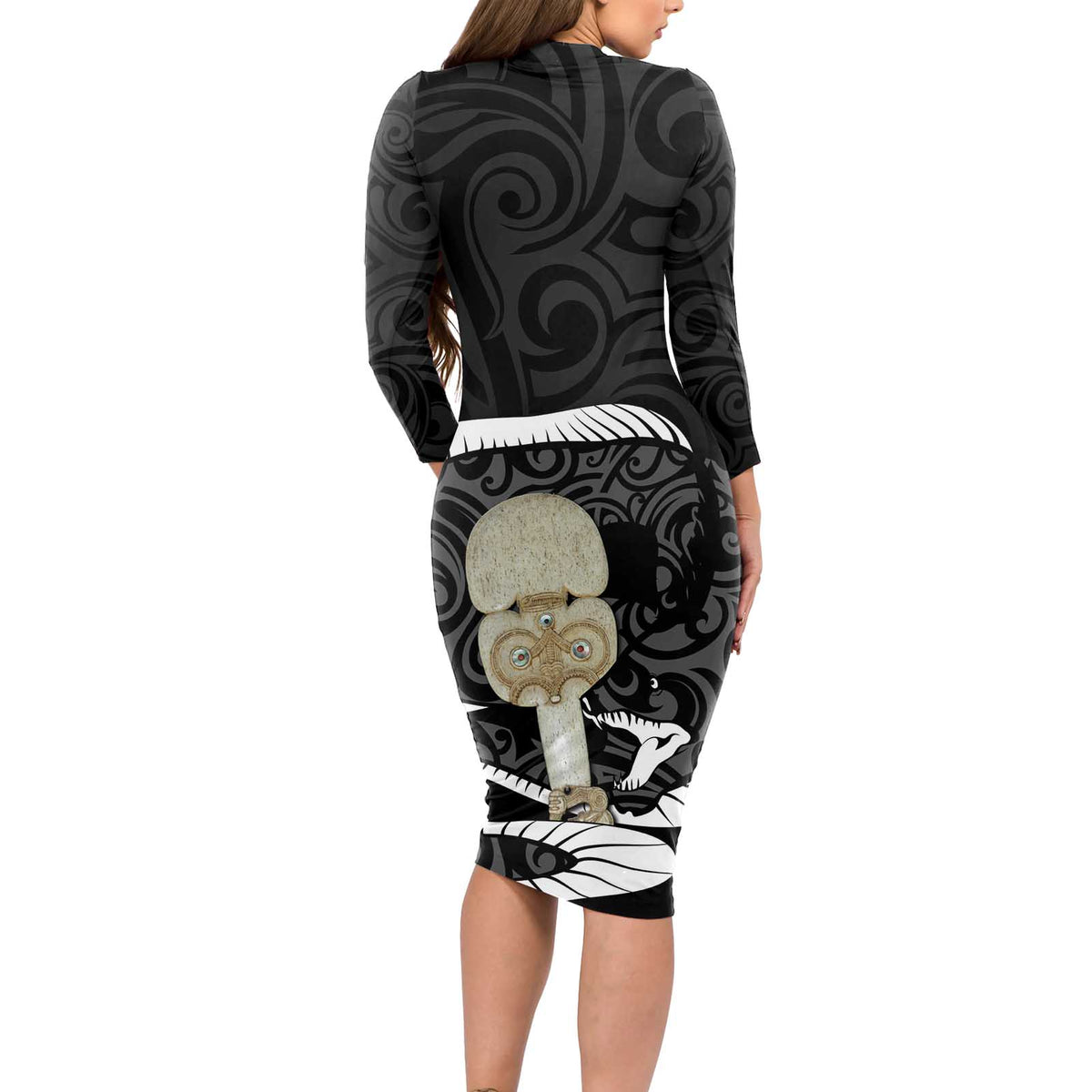 Black New Zealand Eel Long Sleeve Bodycon Dress Aotearoa Maori Tuna With Kotiate Weapon