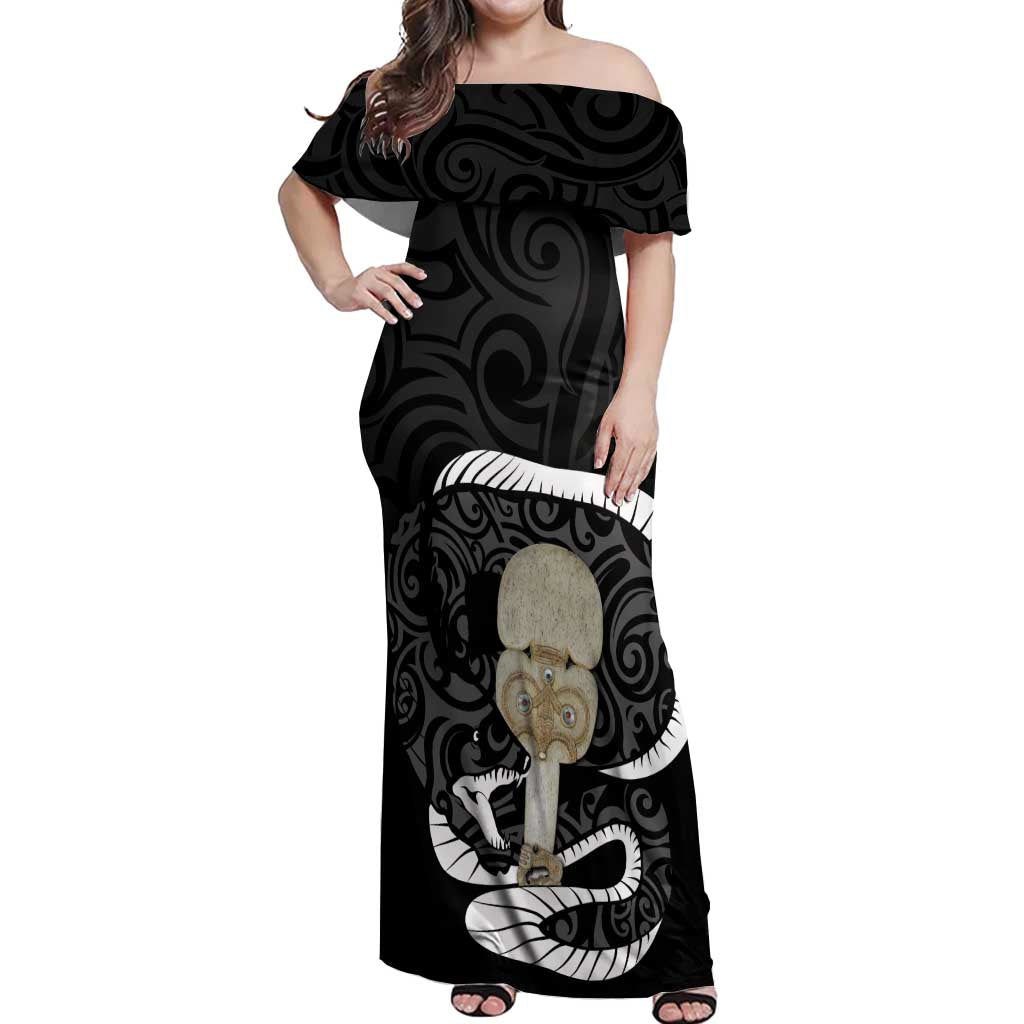 Black New Zealand Eel Off Shoulder Maxi Dress Aotearoa Maori Tuna With Kotiate Weapon LT14 Women Black - Polynesian Pride