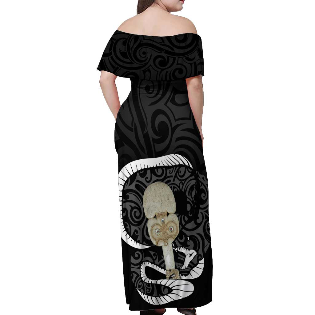 Black New Zealand Eel Off Shoulder Maxi Dress Aotearoa Maori Tuna With Kotiate Weapon LT14 - Polynesian Pride