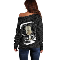 Black New Zealand Eel Off Shoulder Sweater Aotearoa Maori Tuna With Kotiate Weapon