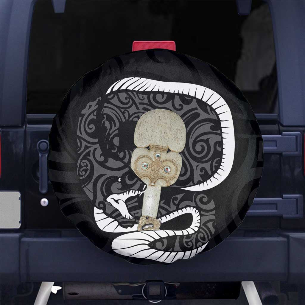Black New Zealand Eel Spare Tire Cover Aotearoa Maori Tuna With Kotiate Weapon LT14 - Polynesian Pride