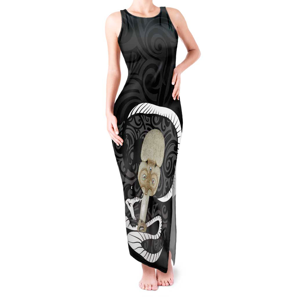 Black New Zealand Eel Tank Maxi Dress Aotearoa Maori Tuna With Kotiate Weapon