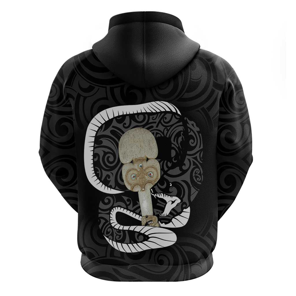 Black New Zealand Eel Zip Hoodie Aotearoa Maori Tuna With Kotiate Weapon