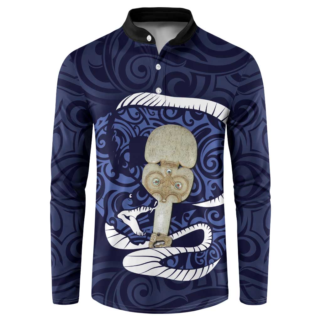 Blue New Zealand Eel Button Sweatshirt Aotearoa Maori Tuna With Kotiate Weapon LT14 Blue - Polynesian Pride