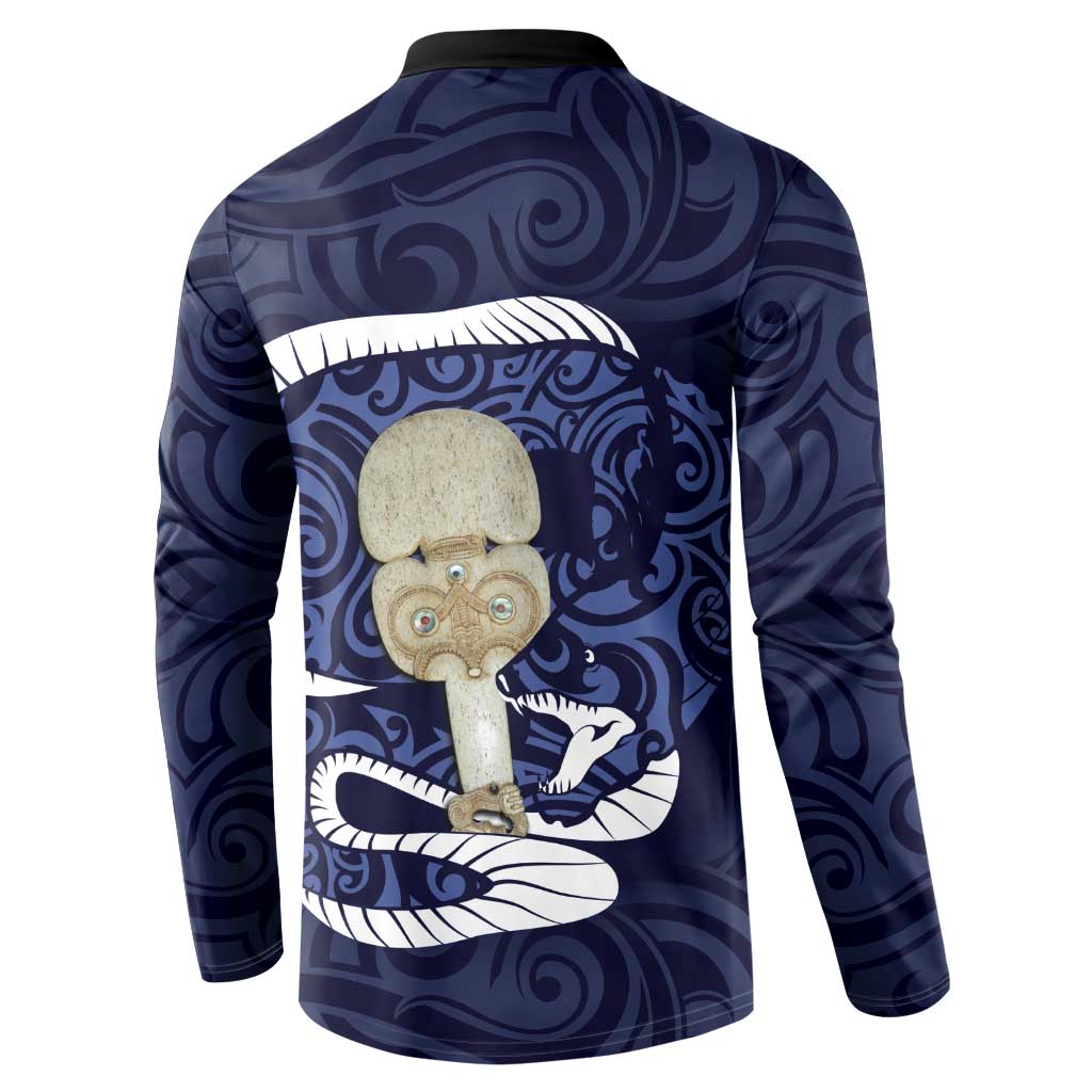 Blue New Zealand Eel Button Sweatshirt Aotearoa Maori Tuna With Kotiate Weapon LT14 - Polynesian Pride