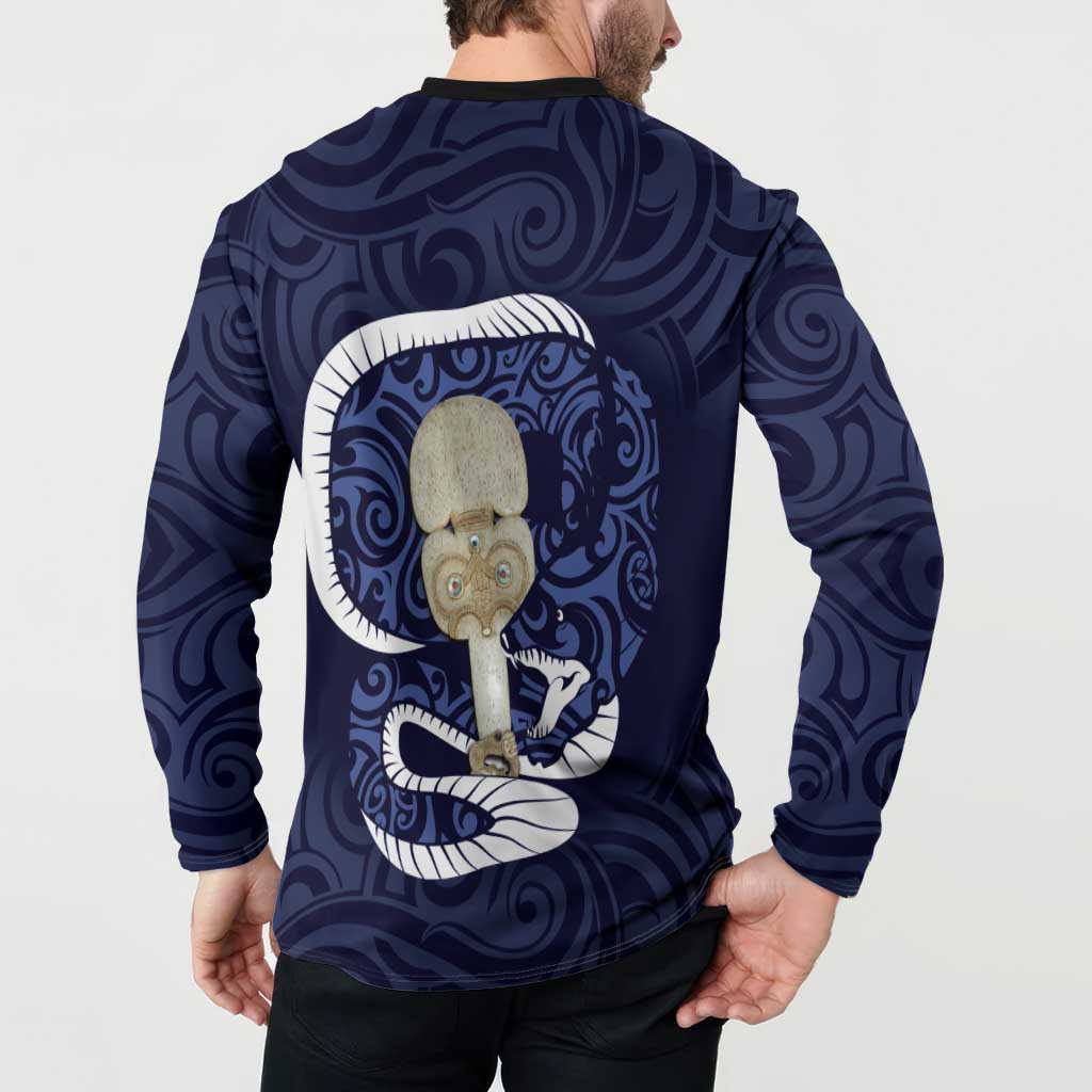 Blue New Zealand Eel Button Sweatshirt Aotearoa Maori Tuna With Kotiate Weapon LT14 - Polynesian Pride