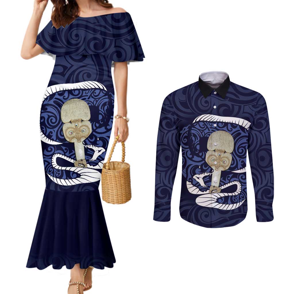 Blue New Zealand Eel Couples Matching Mermaid Dress and Long Sleeve Button Shirt Aotearoa Maori Tuna With Kotiate Weapon