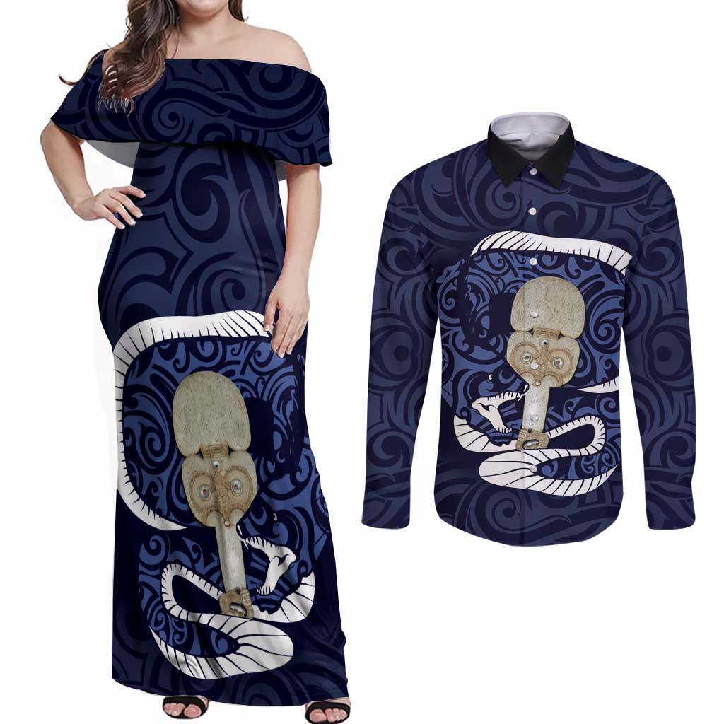 Blue New Zealand Eel Couples Matching Off Shoulder Maxi Dress and Long Sleeve Button Shirt Aotearoa Maori Tuna With Kotiate Weapon