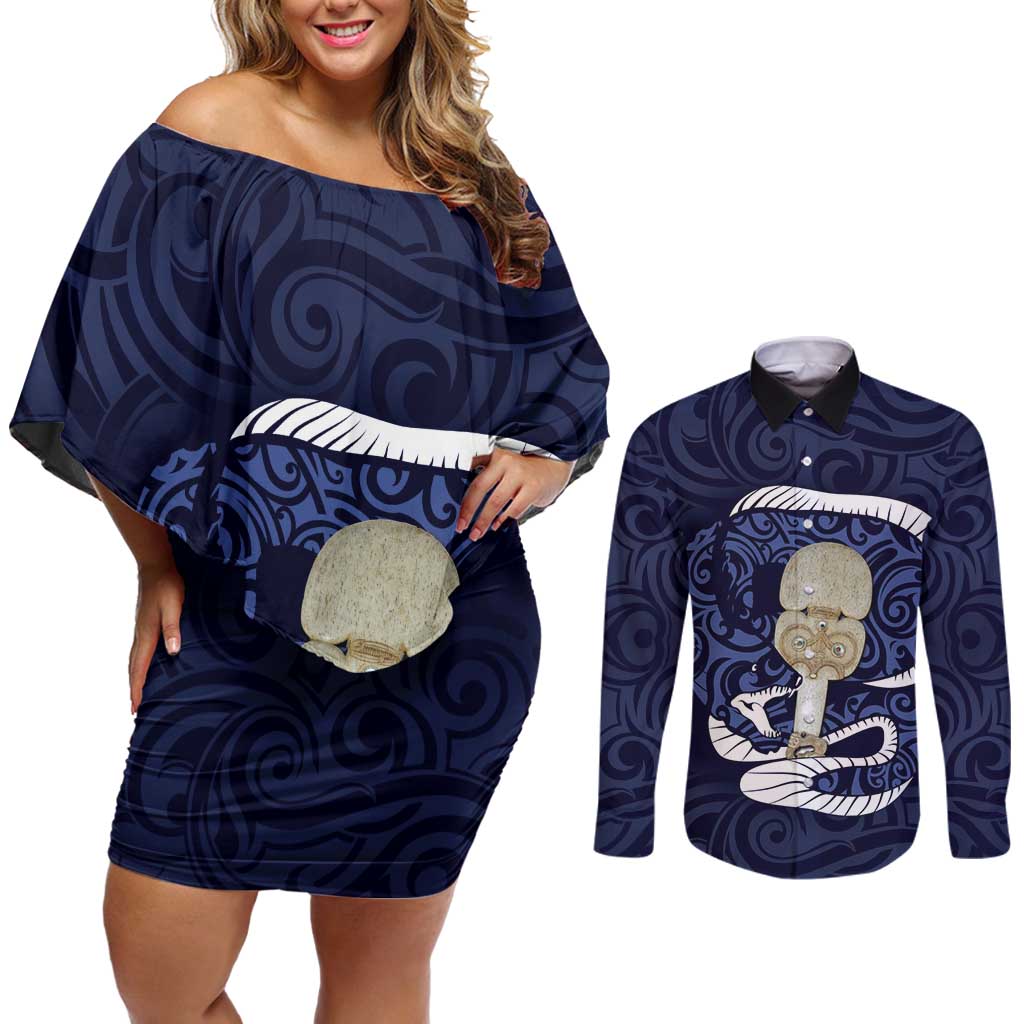 Blue New Zealand Eel Couples Matching Off Shoulder Short Dress and Long Sleeve Button Shirt Aotearoa Maori Tuna With Kotiate Weapon