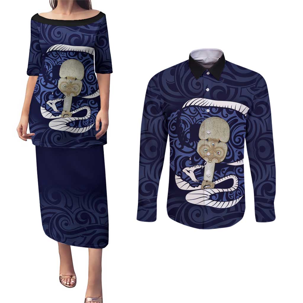 Blue New Zealand Eel Couples Matching Puletasi and Long Sleeve Button Shirt Aotearoa Maori Tuna With Kotiate Weapon