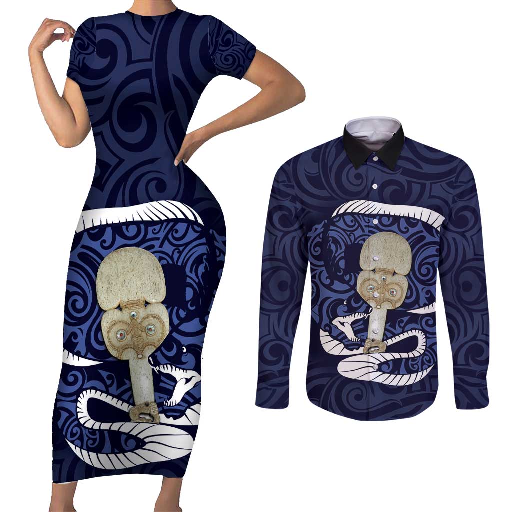 Blue New Zealand Eel Couples Matching Short Sleeve Bodycon Dress and Long Sleeve Button Shirt Aotearoa Maori Tuna With Kotiate Weapon