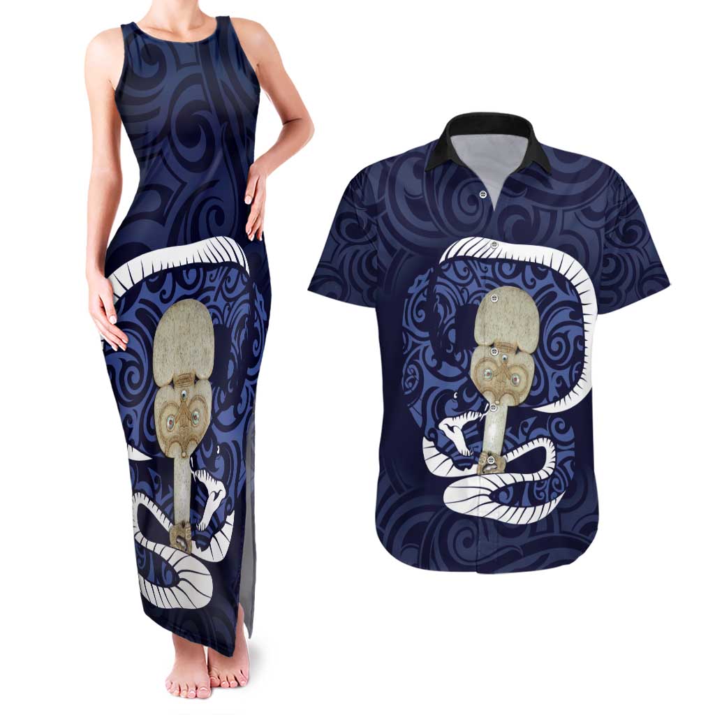 Blue New Zealand Eel Couples Matching Tank Maxi Dress and Hawaiian Shirt Aotearoa Maori Tuna With Kotiate Weapon