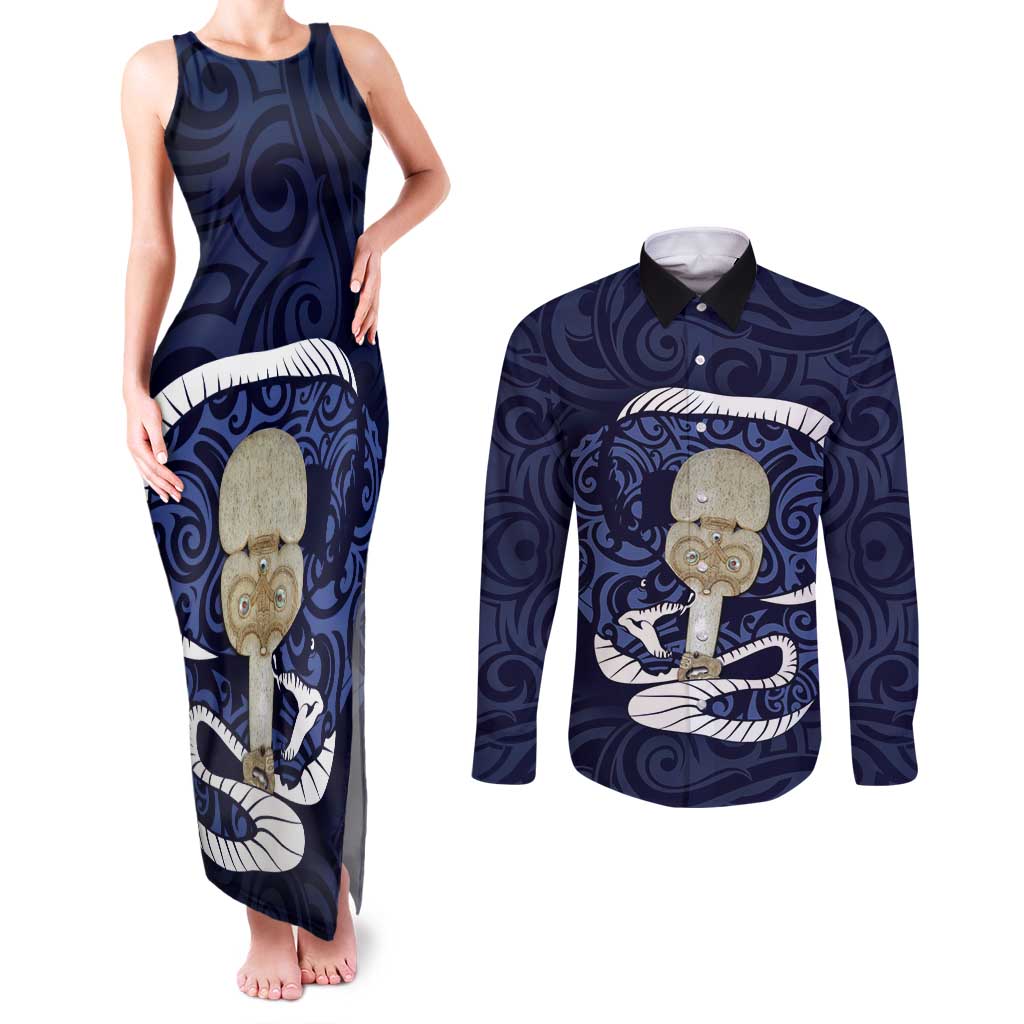 Blue New Zealand Eel Couples Matching Tank Maxi Dress and Long Sleeve Button Shirt Aotearoa Maori Tuna With Kotiate Weapon