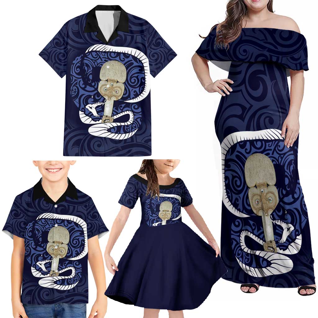 Blue New Zealand Eel Family Matching Off Shoulder Maxi Dress and Hawaiian Shirt Aotearoa Maori Tuna With Kotiate Weapon LT14 - Polynesian Pride
