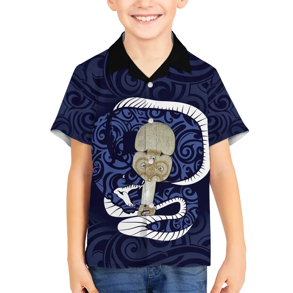 Blue New Zealand Eel Family Matching Off Shoulder Maxi Dress and Hawaiian Shirt Aotearoa Maori Tuna With Kotiate Weapon