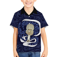 Blue New Zealand Eel Family Matching Off Shoulder Maxi Dress and Hawaiian Shirt Aotearoa Maori Tuna With Kotiate Weapon