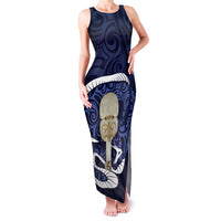Blue New Zealand Eel Family Matching Tank Maxi Dress and Hawaiian Shirt Aotearoa Maori Tuna With Kotiate Weapon