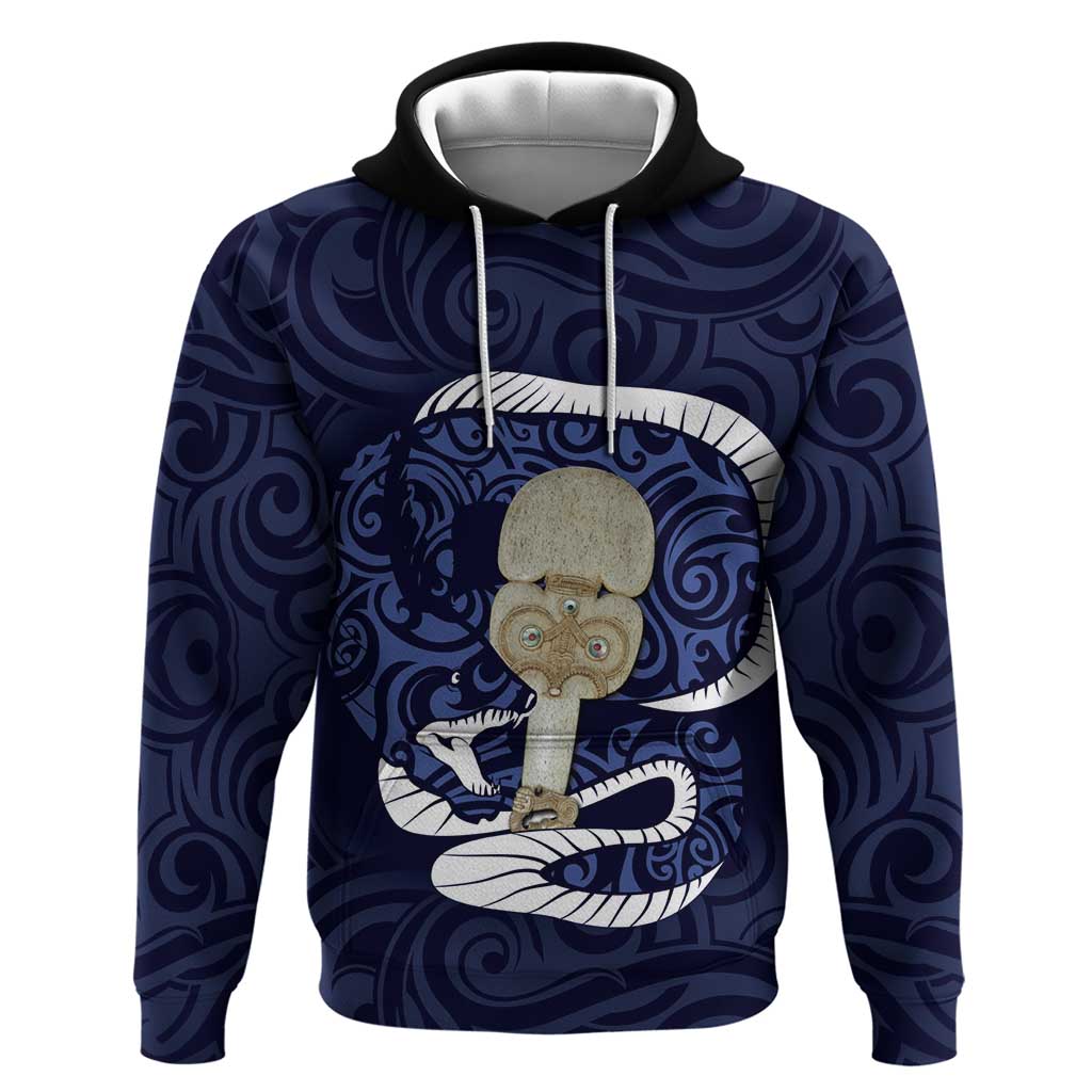 Blue New Zealand Eel Hoodie Aotearoa Maori Tuna With Kotiate Weapon