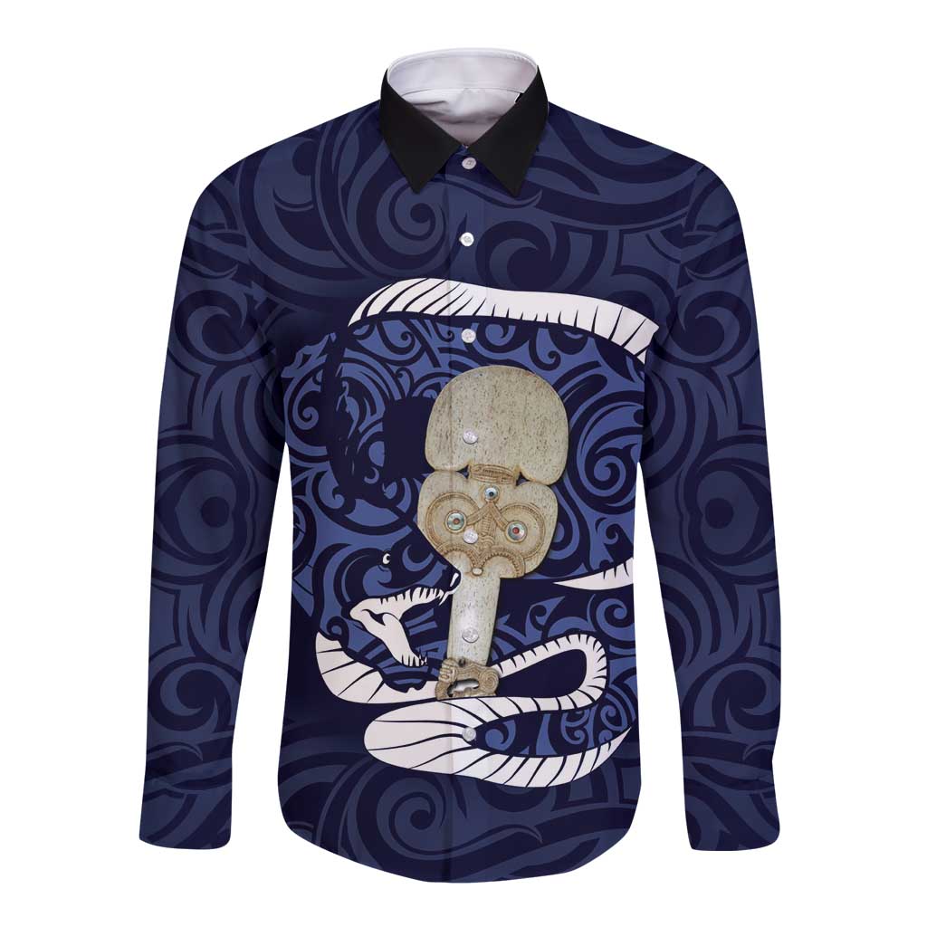 Blue New Zealand Eel Long Sleeve Button Shirt Aotearoa Maori Tuna With Kotiate Weapon