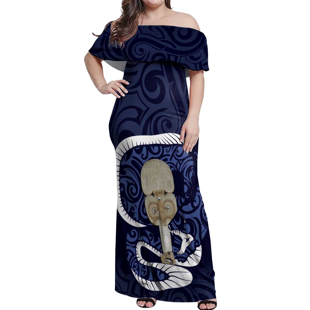 Blue New Zealand Eel Off Shoulder Maxi Dress Aotearoa Maori Tuna With Kotiate Weapon