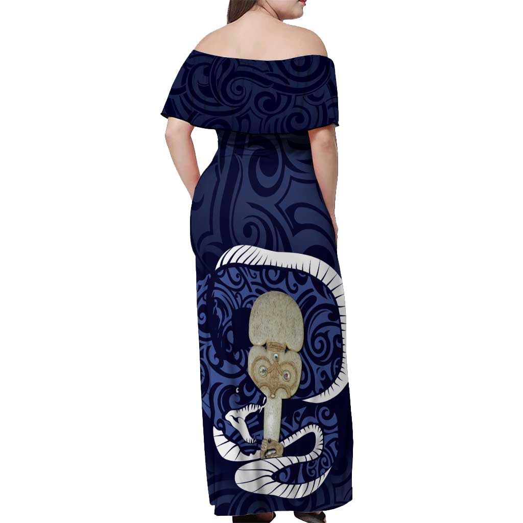 Blue New Zealand Eel Off Shoulder Maxi Dress Aotearoa Maori Tuna With Kotiate Weapon LT14 - Polynesian Pride