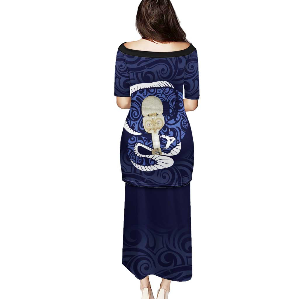 Blue New Zealand Eel Puletasi Aotearoa Maori Tuna With Kotiate Weapon LT14 - Polynesian Pride