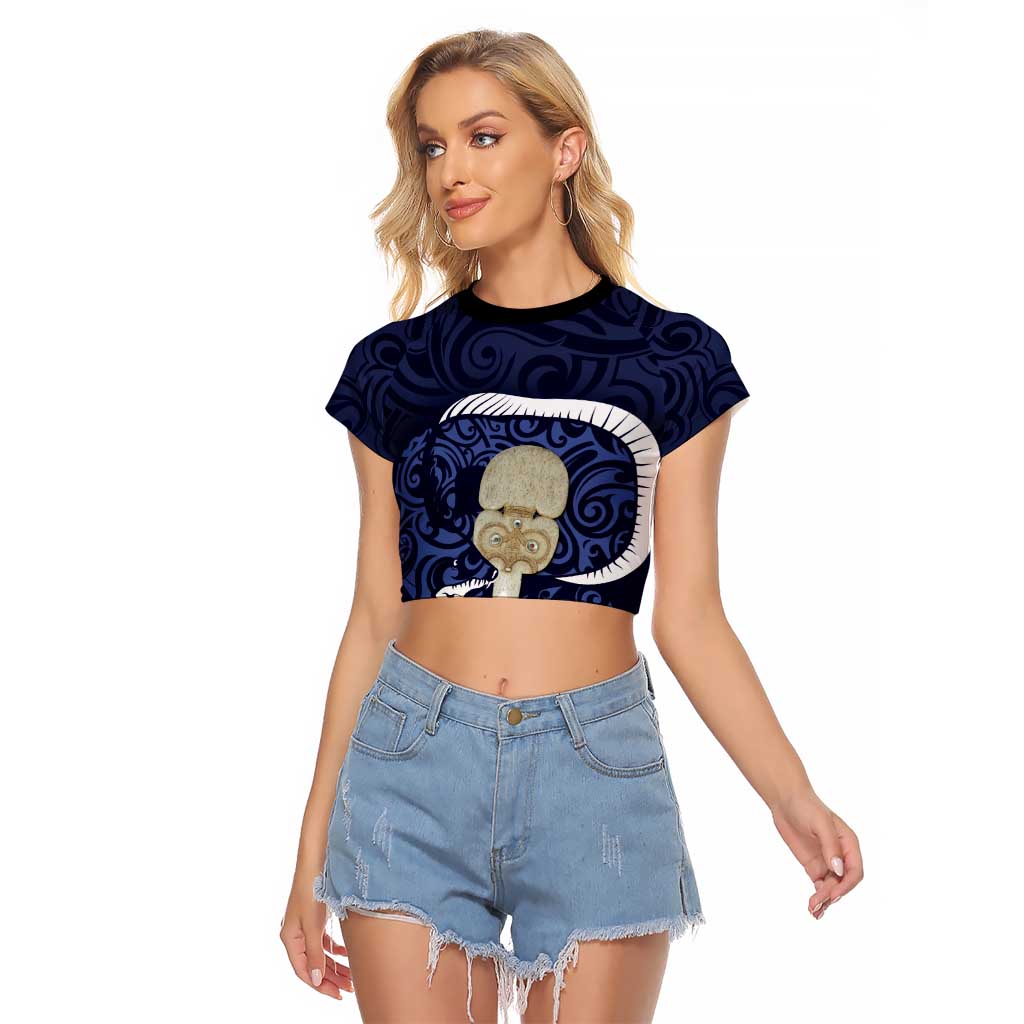 Blue New Zealand Eel Raglan Cropped T Shirt Aotearoa Maori Tuna With Kotiate Weapon LT14 Female Blue - Polynesian Pride