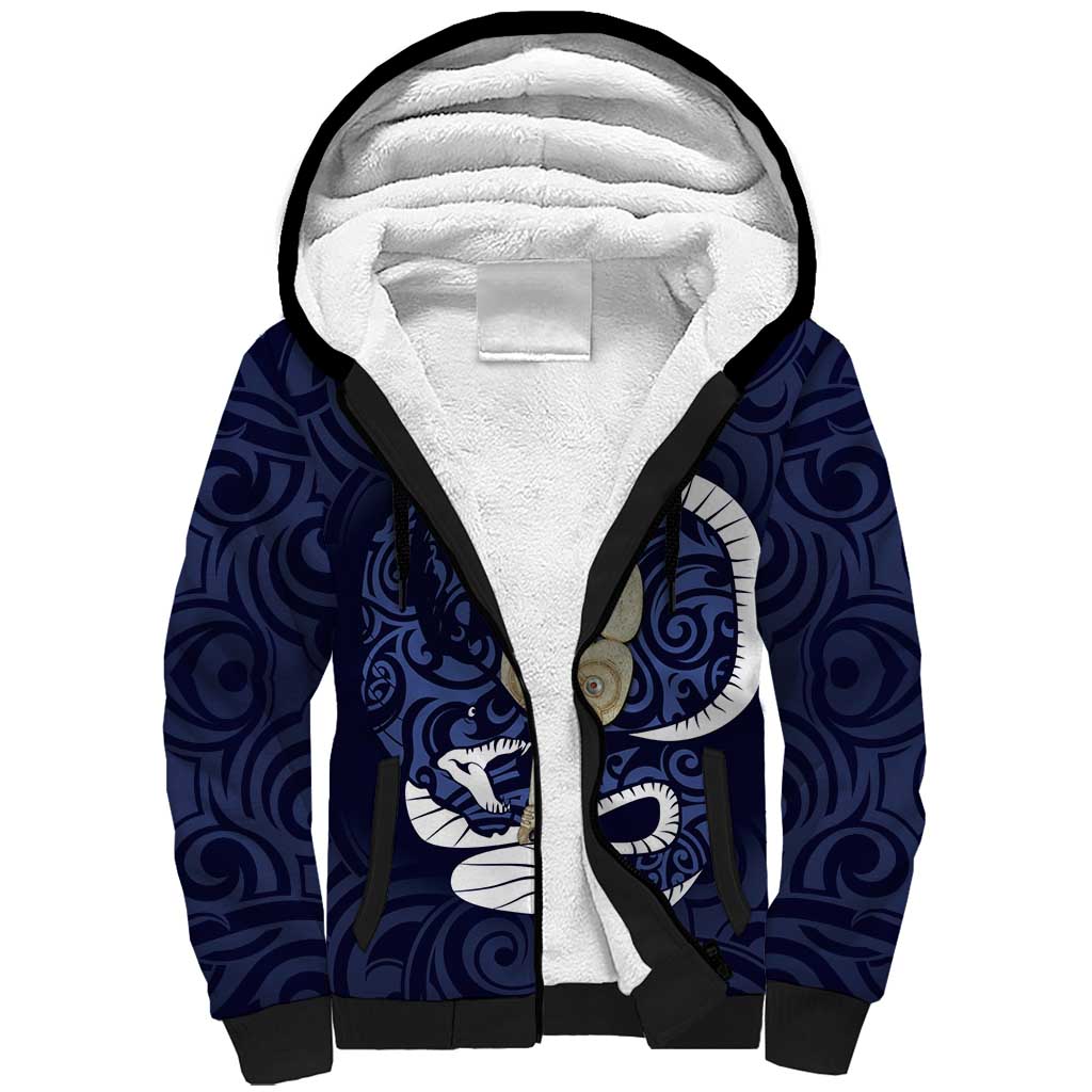 Blue New Zealand Eel Sherpa Hoodie Aotearoa Maori Tuna With Kotiate Weapon