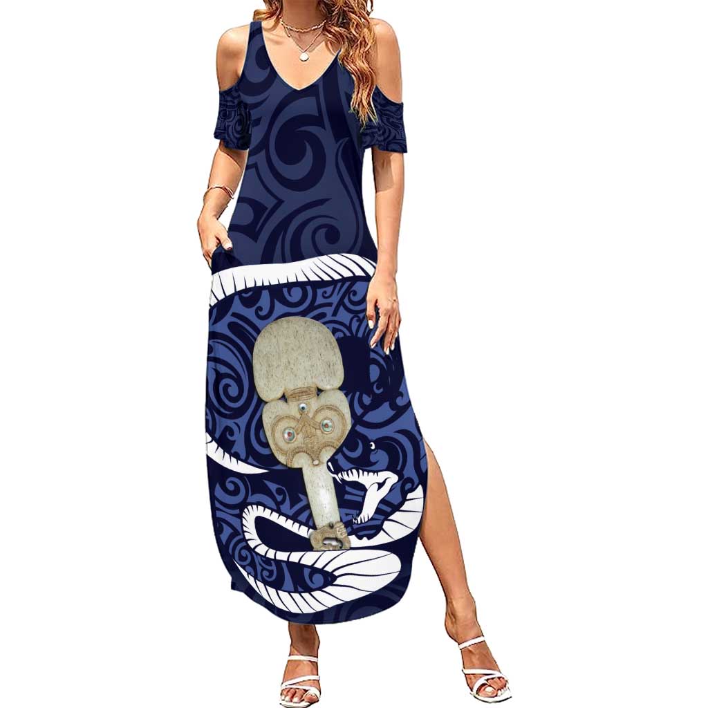 Blue New Zealand Eel Summer Maxi Dress Aotearoa Maori Tuna With Kotiate Weapon LT14 Women Blue - Polynesian Pride