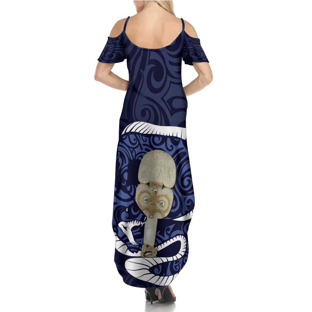 Blue New Zealand Eel Summer Maxi Dress Aotearoa Maori Tuna With Kotiate Weapon LT14 - Polynesian Pride