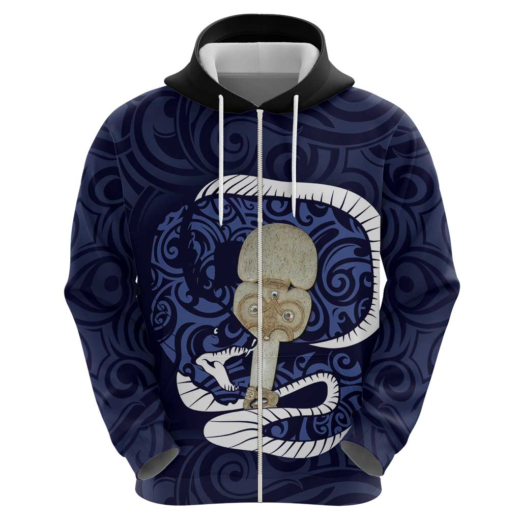 Blue New Zealand Eel Zip Hoodie Aotearoa Maori Tuna With Kotiate Weapon