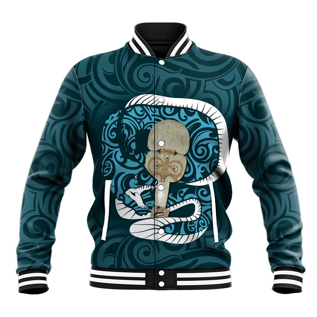 Turquoise New Zealand Eel Baseball Jacket Aotearoa Maori Tuna With Kotiate Weapon