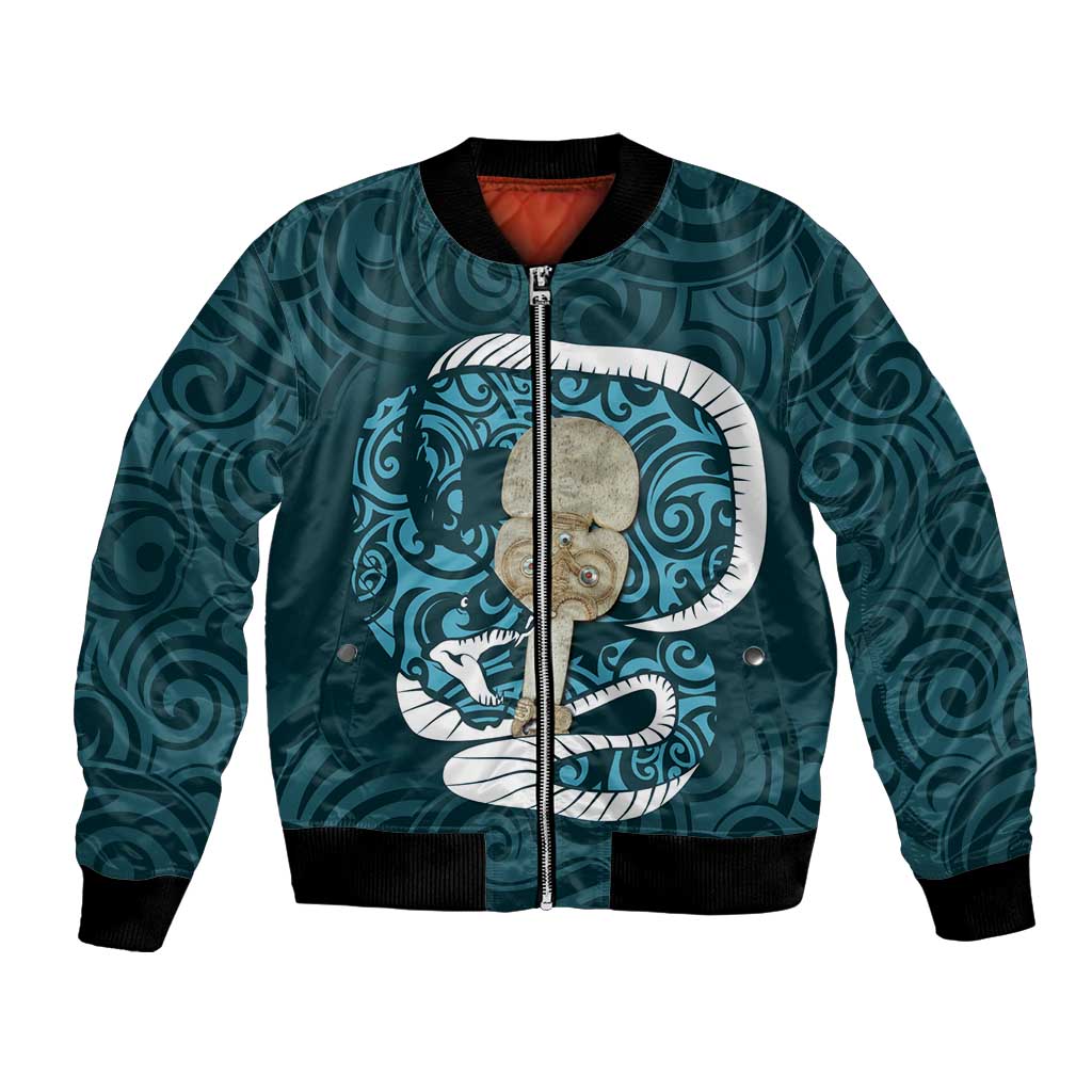 Turquoise New Zealand Eel Bomber Jacket Aotearoa Maori Tuna With Kotiate Weapon