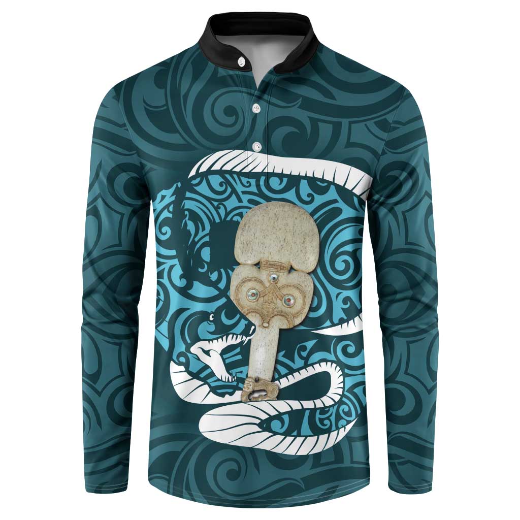 Turquoise New Zealand Eel Button Sweatshirt Aotearoa Maori Tuna With Kotiate Weapon