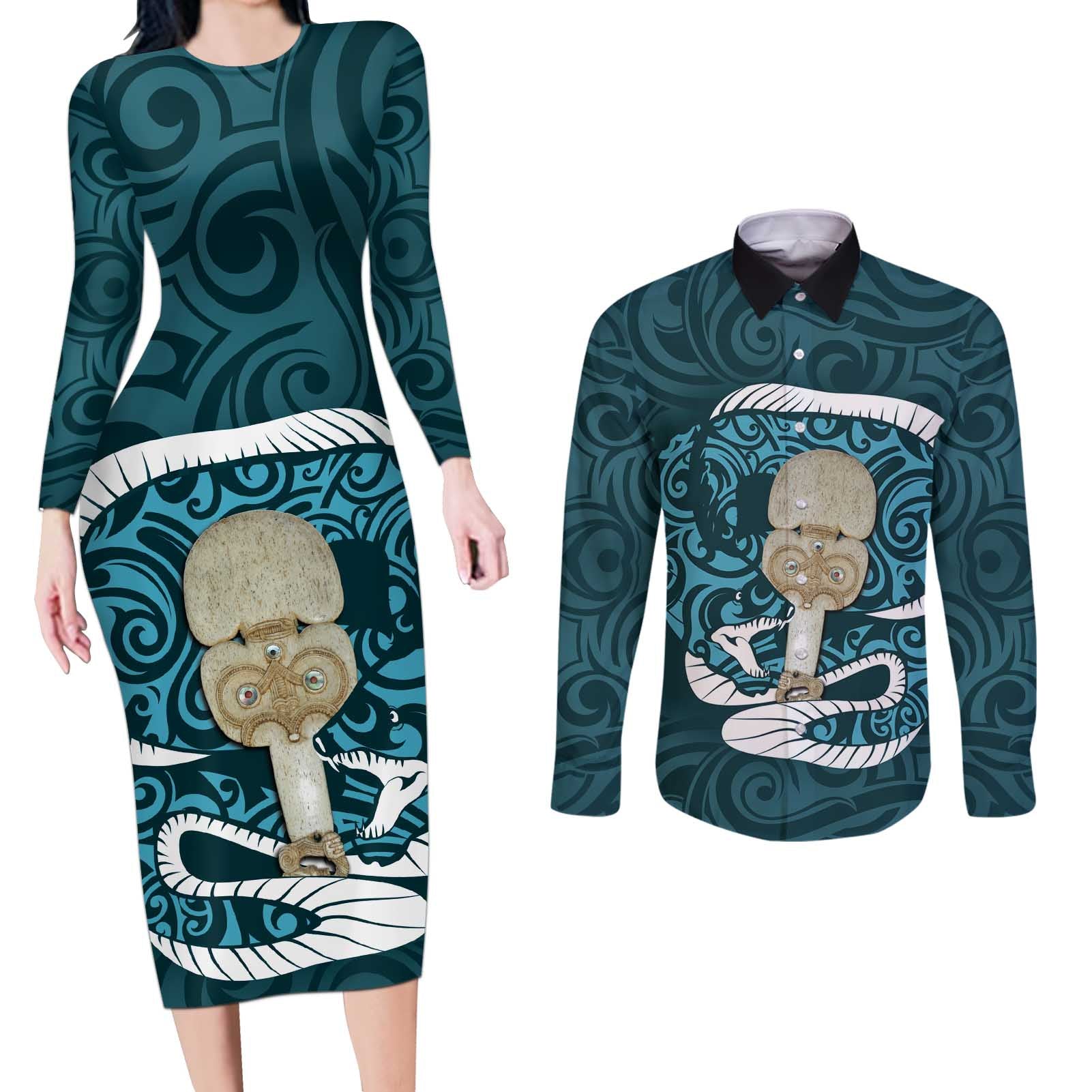 Turquoise New Zealand Eel Couples Matching Long Sleeve Bodycon Dress and Long Sleeve Button Shirt Aotearoa Maori Tuna With Kotiate Weapon