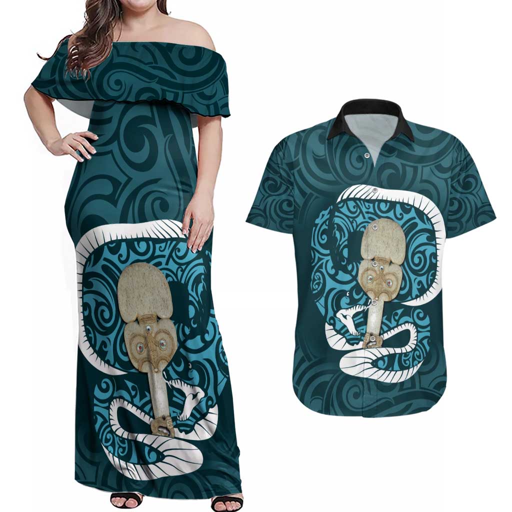 Turquoise New Zealand Eel Couples Matching Off Shoulder Maxi Dress and Hawaiian Shirt Aotearoa Maori Tuna With Kotiate Weapon