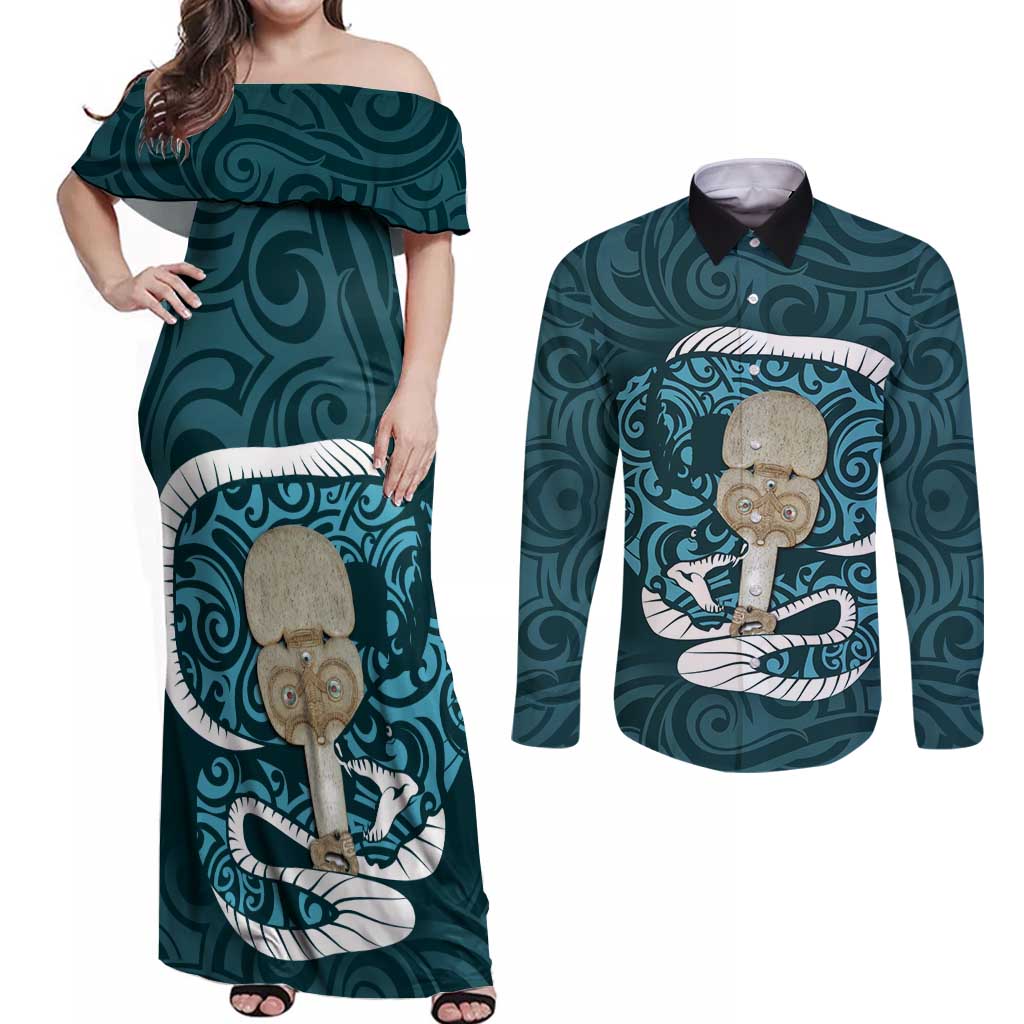 Turquoise New Zealand Eel Couples Matching Off Shoulder Maxi Dress and Long Sleeve Button Shirt Aotearoa Maori Tuna With Kotiate Weapon