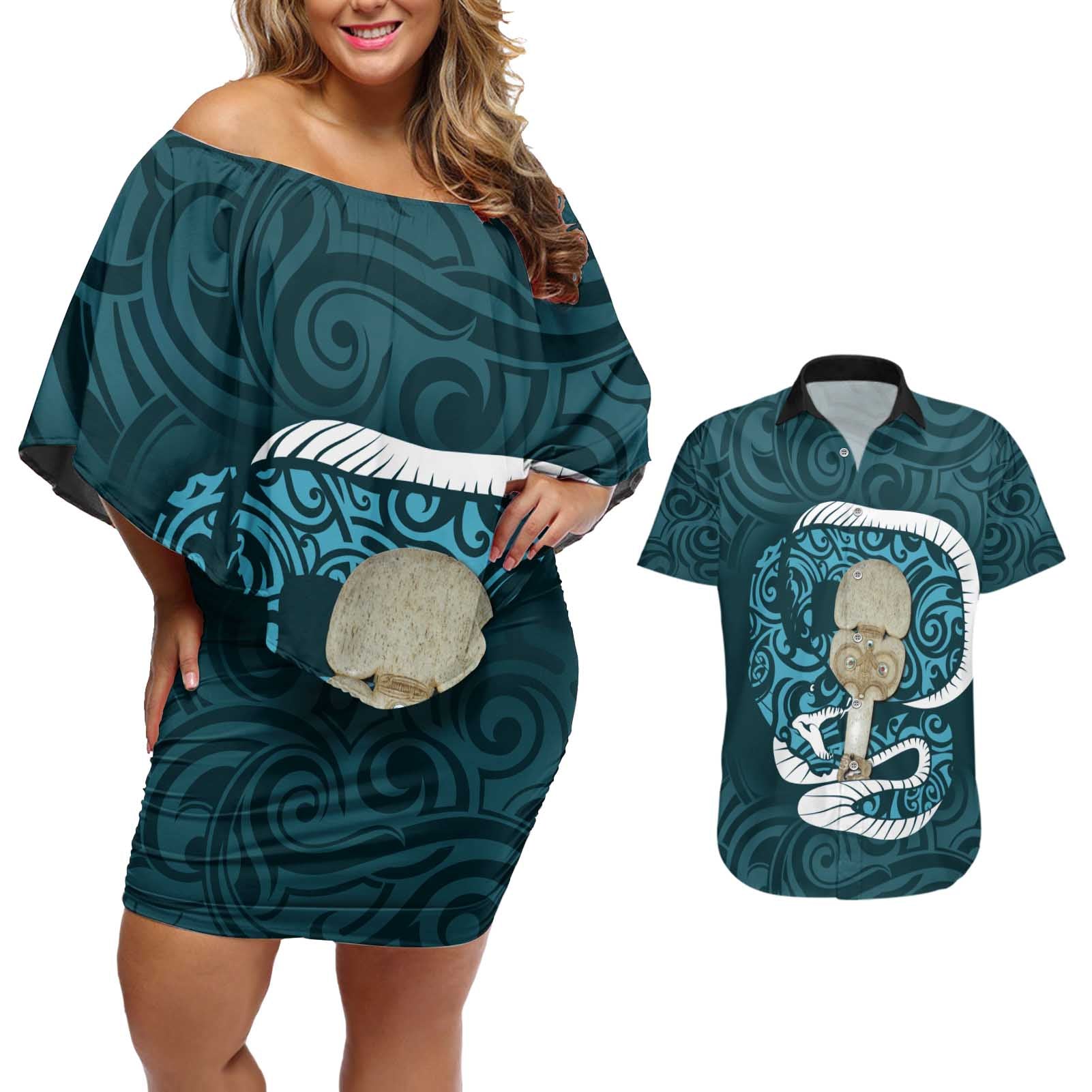 Turquoise New Zealand Eel Couples Matching Off Shoulder Short Dress and Hawaiian Shirt Aotearoa Maori Tuna With Kotiate Weapon