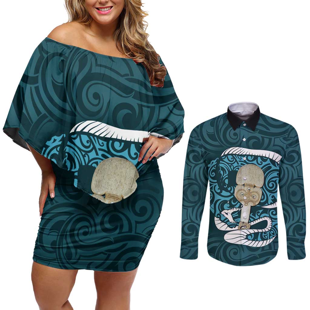 Turquoise New Zealand Eel Couples Matching Off Shoulder Short Dress and Long Sleeve Button Shirt Aotearoa Maori Tuna With Kotiate Weapon