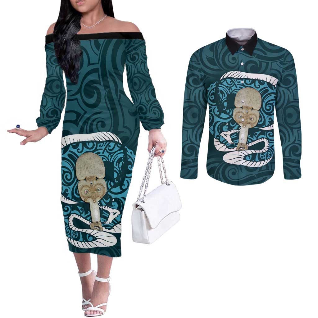 Turquoise New Zealand Eel Couples Matching Off The Shoulder Long Sleeve Dress and Long Sleeve Button Shirt Aotearoa Maori Tuna With Kotiate Weapon