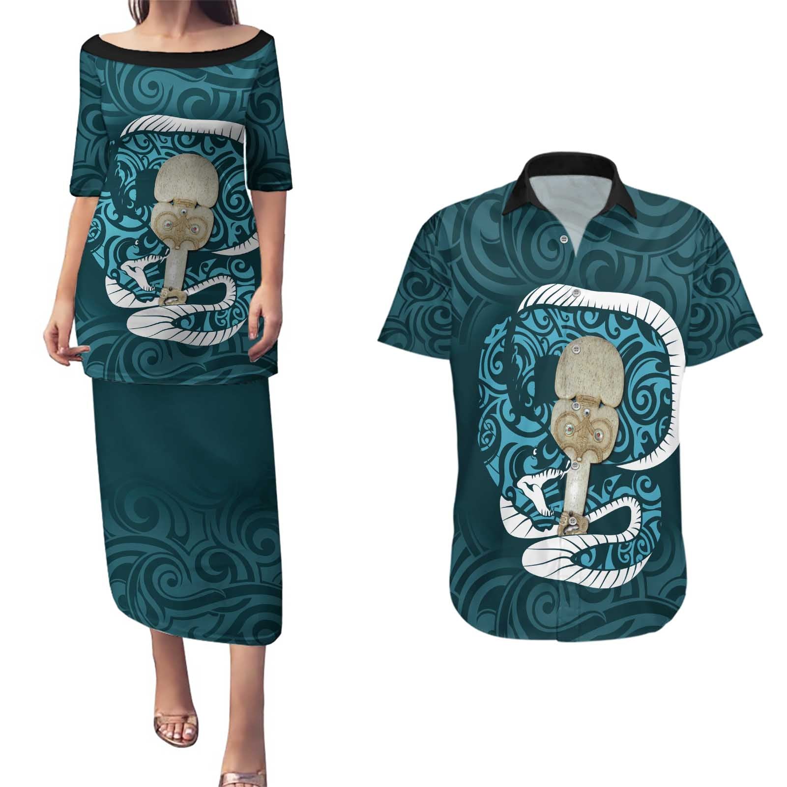 Turquoise New Zealand Eel Couples Matching Puletasi and Hawaiian Shirt Aotearoa Maori Tuna With Kotiate Weapon