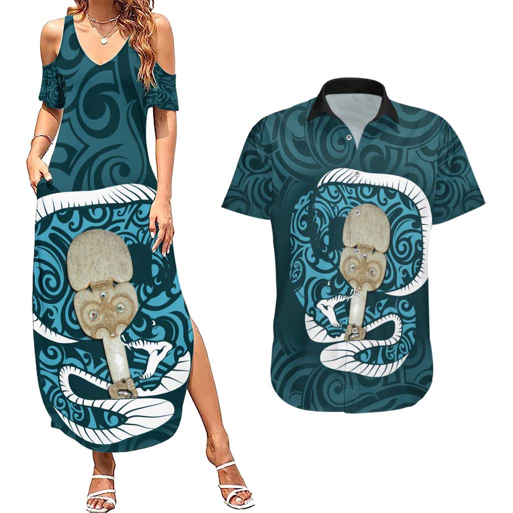 Turquoise New Zealand Eel Couples Matching Summer Maxi Dress and Hawaiian Shirt Aotearoa Maori Tuna With Kotiate Weapon