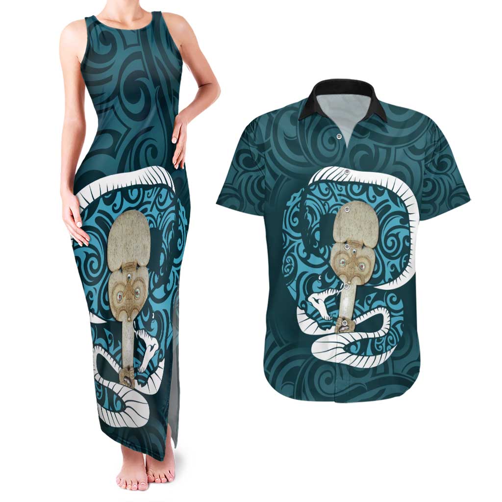 Turquoise New Zealand Eel Couples Matching Tank Maxi Dress and Hawaiian Shirt Aotearoa Maori Tuna With Kotiate Weapon