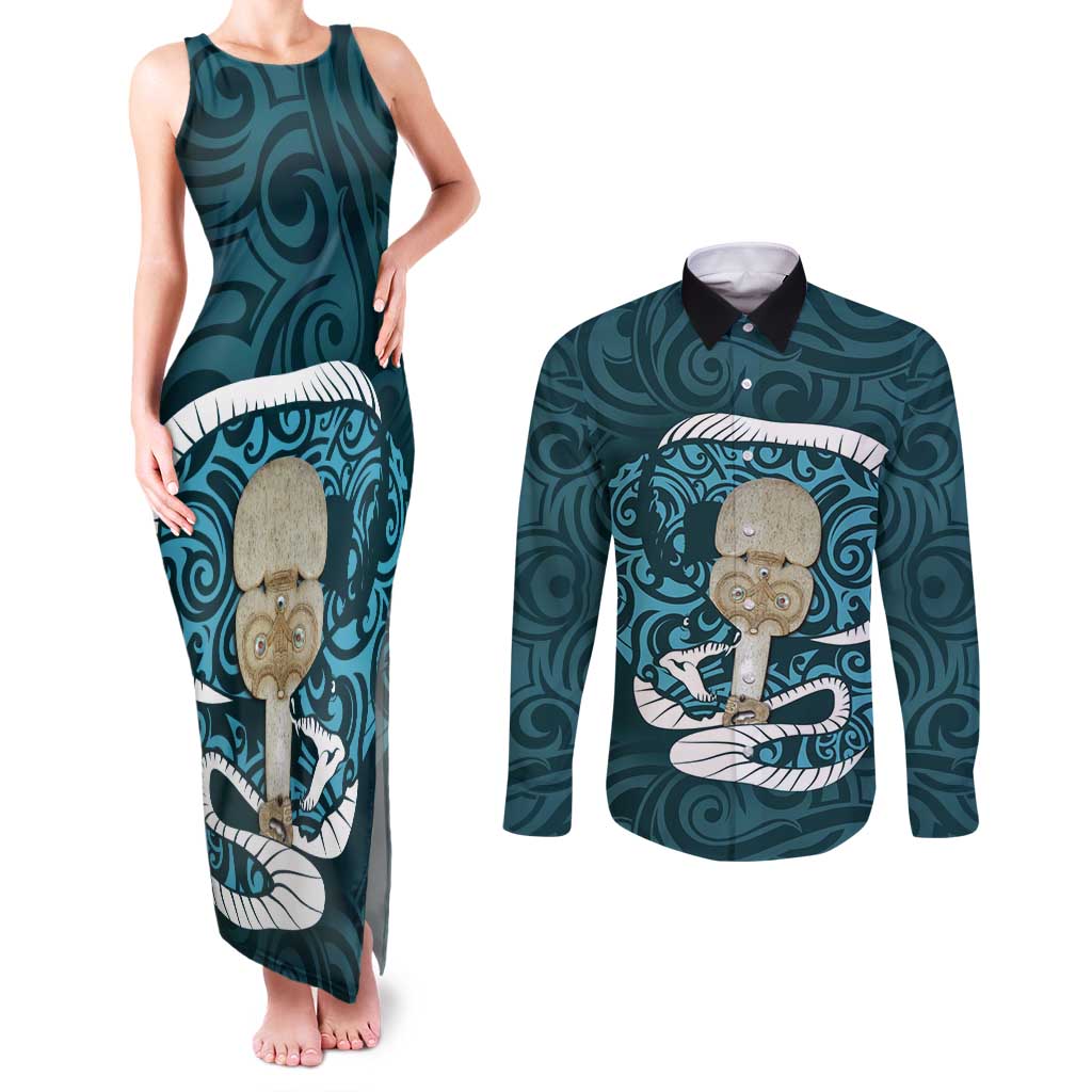 Turquoise New Zealand Eel Couples Matching Tank Maxi Dress and Long Sleeve Button Shirt Aotearoa Maori Tuna With Kotiate Weapon LT14 Turquoise - Polynesian Pride
