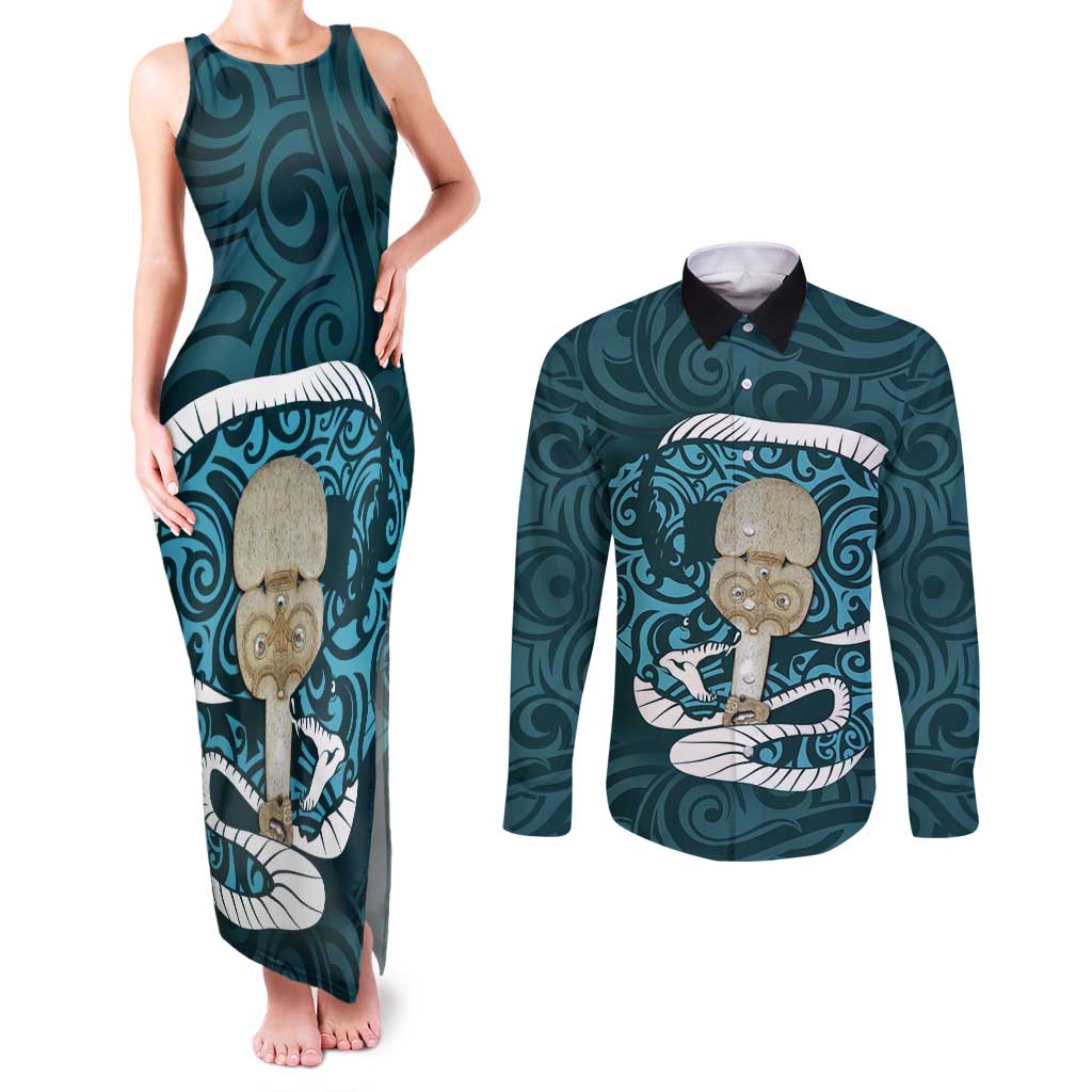 Turquoise New Zealand Eel Couples Matching Tank Maxi Dress and Long Sleeve Button Shirt Aotearoa Maori Tuna With Kotiate Weapon