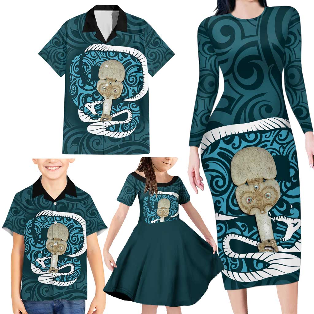 Turquoise New Zealand Eel Family Matching Long Sleeve Bodycon Dress and Hawaiian Shirt Aotearoa Maori Tuna With Kotiate Weapon